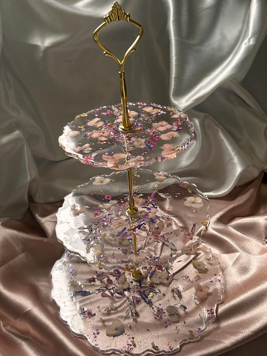 Resin Flower Cake Stand: Three-Tier Handmade Display with Gold Leaf
