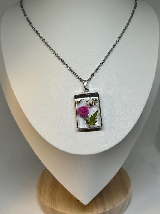 Resin Flower Pendant, Real Flower Necklace, Silver Plated Chain