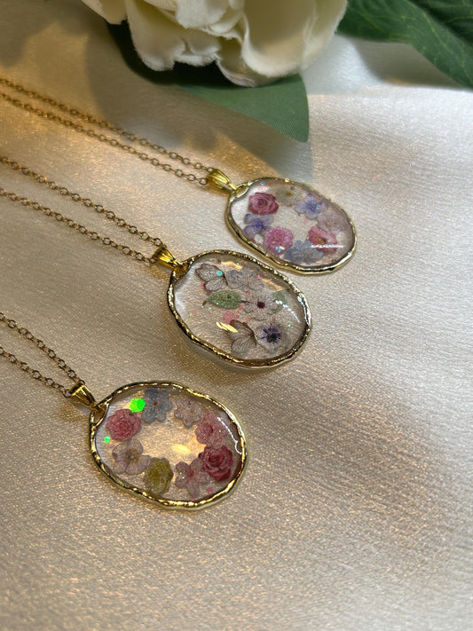 Handmade Resin Flower Necklace - Gold Plated Chain, Floral Pendant