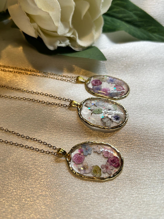Handmade Resin Flower Necklace - Gold Plated Chain, Floral Pendant